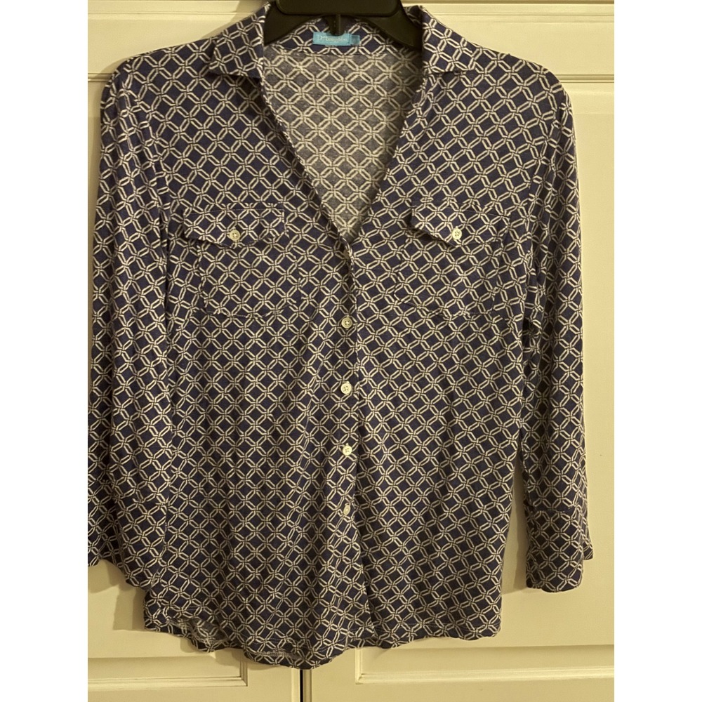 J.McLaughlin Blue Geometric Print Button Down Shirt XS Linen‎ Blend